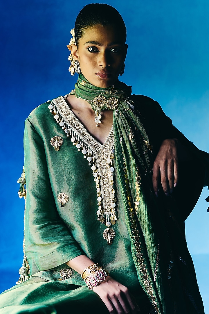 Green Crepe Tissue Low-Crotch Pant Set by Sonam Luthria at Pernia's Pop Up Shop