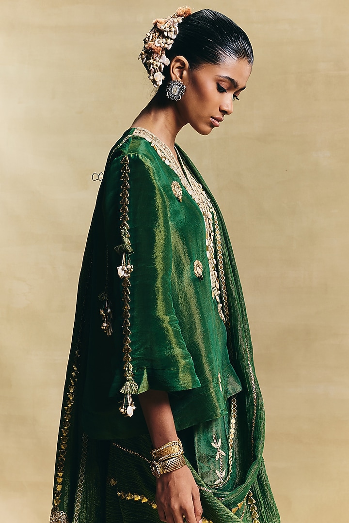 Green Crepe Tissue Low-Crotch Pant Set by Sonam Luthria at Pernia's Pop Up Shop