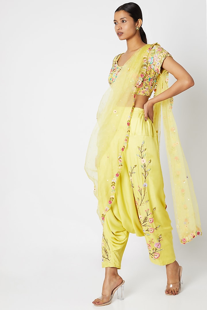 Yellow Embroidered Pant Saree Set by Sonam Luthria