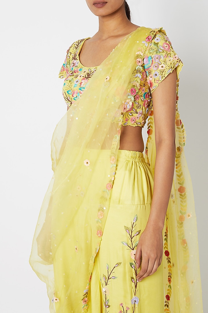 Yellow Embroidered Pant Wedding Saree Set by Sonam Luthria at Pernia's Pop Up Shop