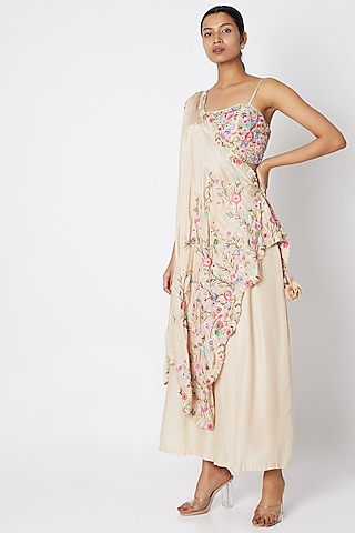 Beige Embroidered Bustier With Pants & Draped Dupatta by Sonam Luthria