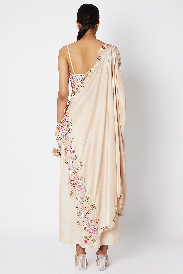 Beige Embroidered Bustier With Pants & Draped Dupatta by Sonam Luthria at Pernia's Pop Up Shop