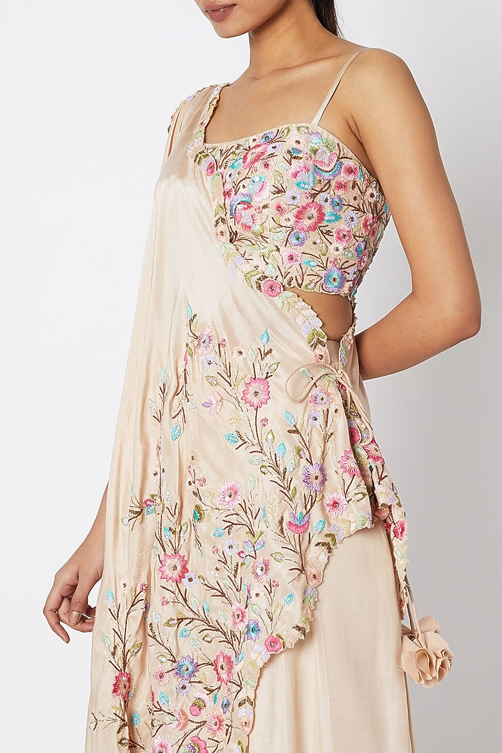Beige Embroidered Bustier With Pants & Draped Dupatta by Sonam Luthria at Pernia's Pop Up Shop