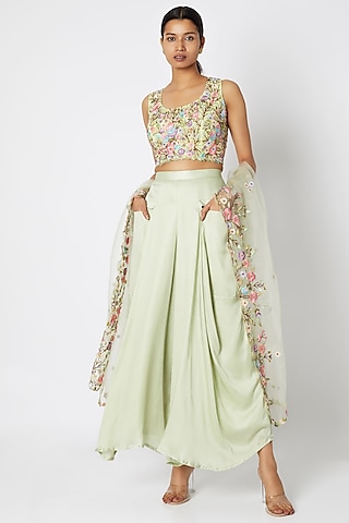 Mint Green Embroidered Blouse With Pants & Dupatta by Sonam Luthria