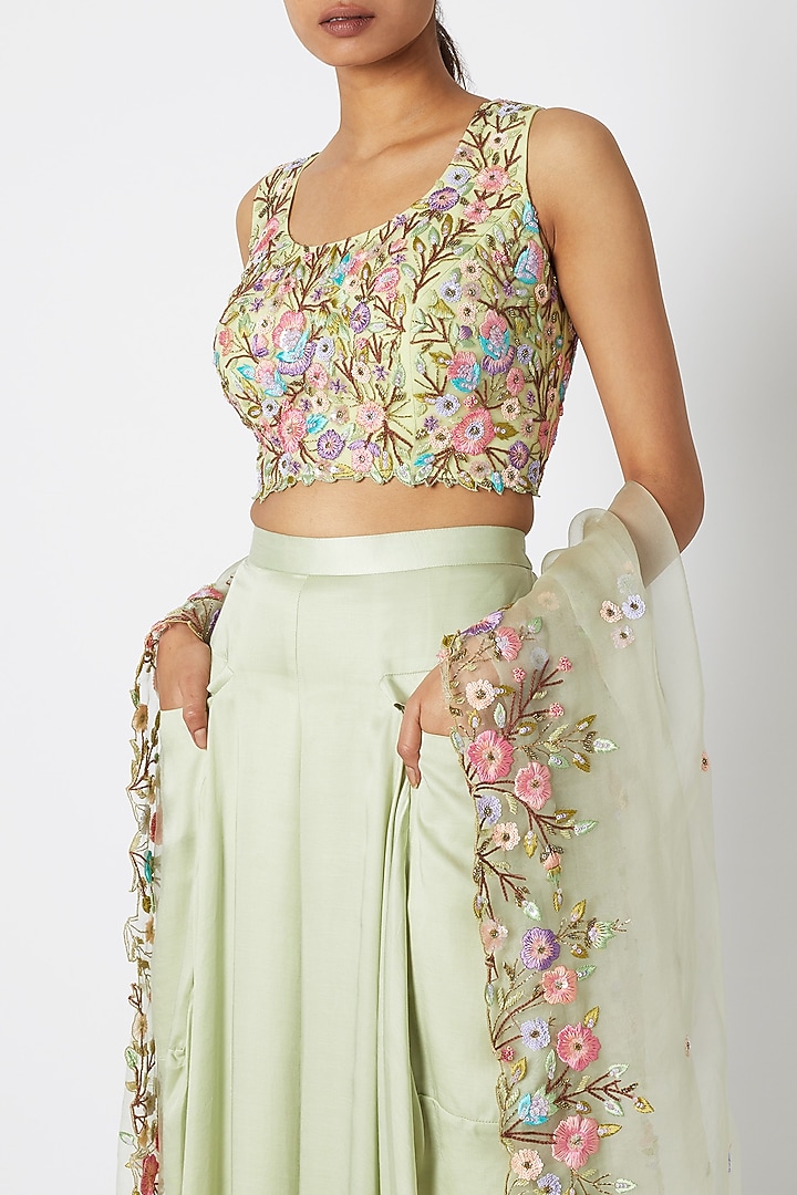 Mint Green Embroidered Blouse With Pants & Dupatta by Sonam Luthria at Pernia's Pop Up Shop