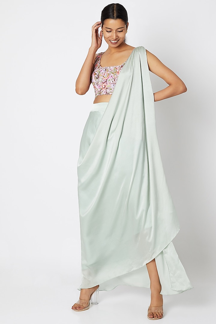 Mint Green Embroidered Draped Saree Set by Sonam Luthria