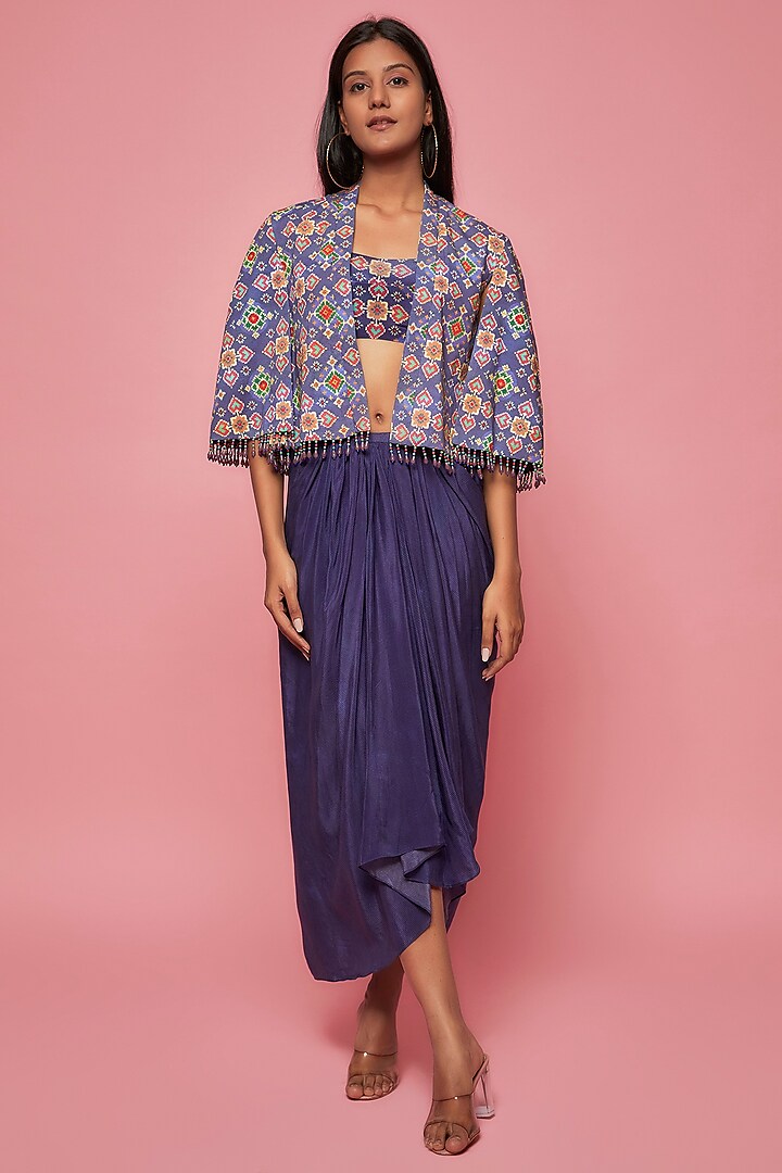 Bluish Purple Crepe Draped Skirt Set by Sonam Luthria