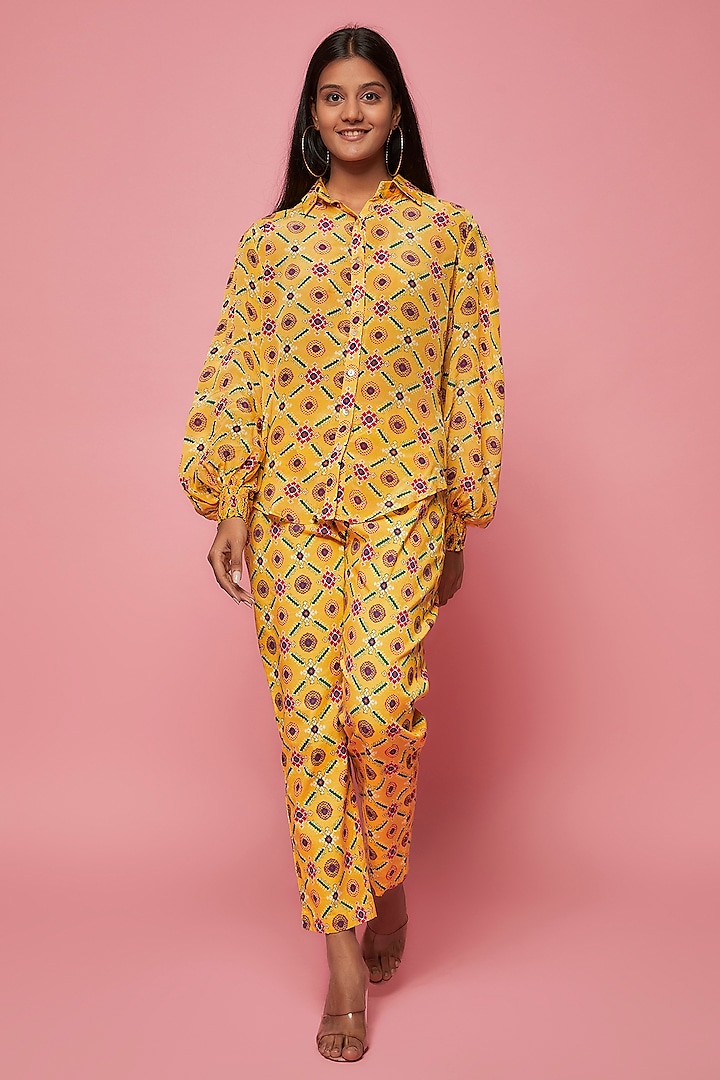 Yellow Crepe & Cotton Stretch Printed Co-Ord Set by Sonam Luthria