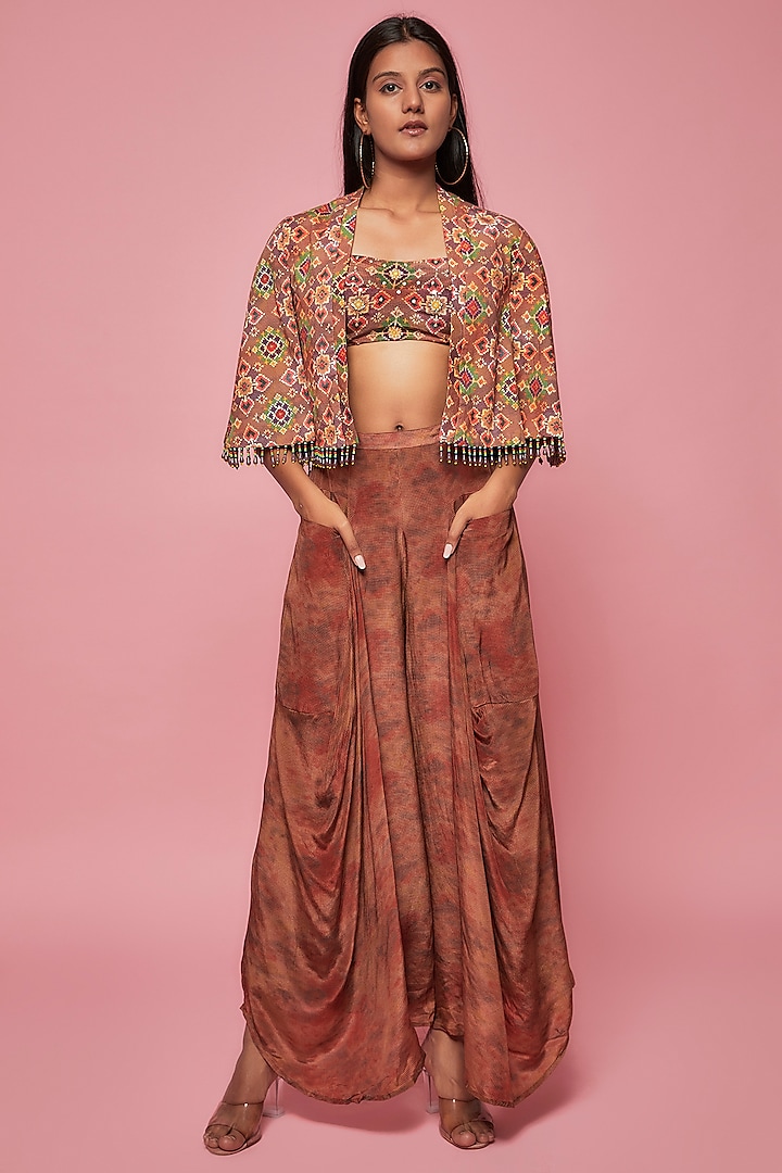 Brown Crepe Embroidered Jacket Set by Sonam Luthria