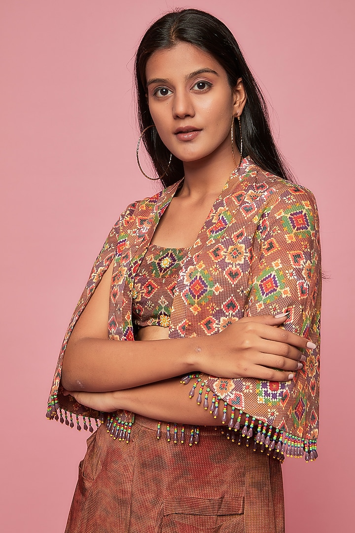 Brown Crepe Embroidered Jacket Set by Sonam Luthria at Pernia's Pop Up Shop