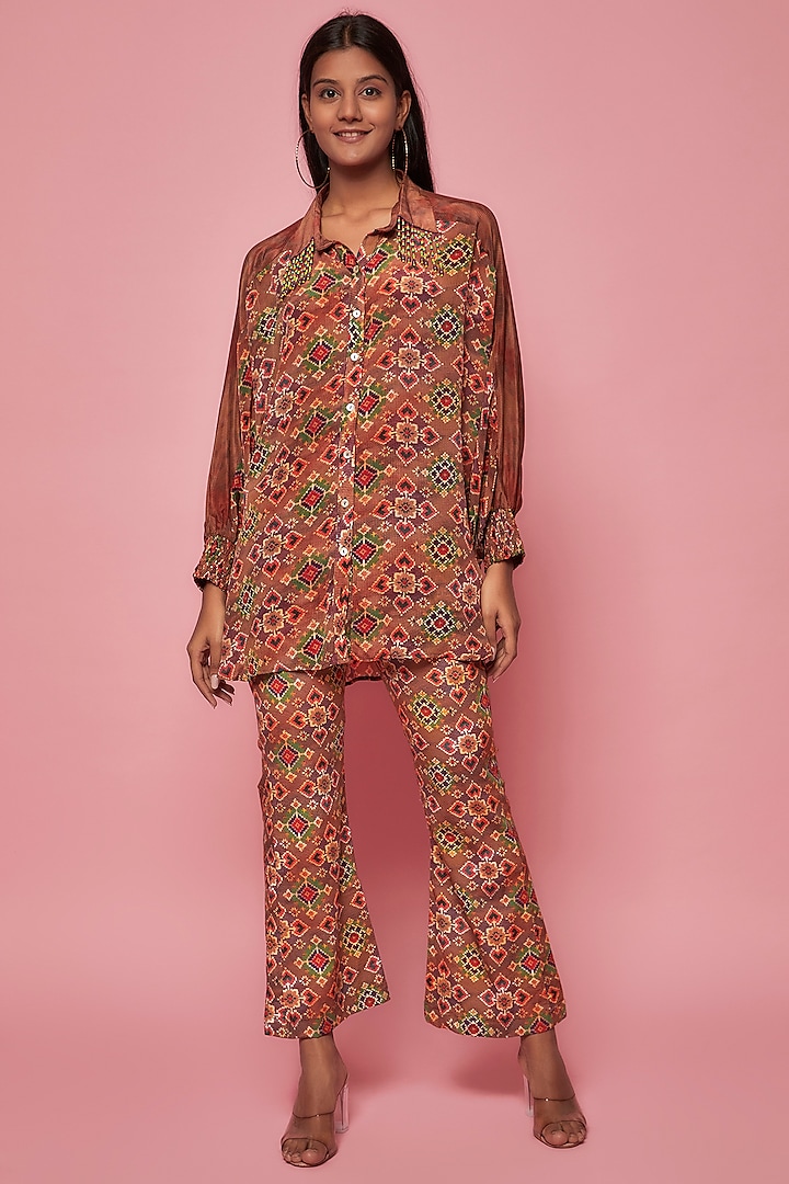 Brown Crepe & Cotton Stretch Printed Co-Ord Set by Sonam Luthria