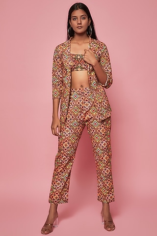 Brown Crepe Embroidered & Printed Jacket Set by Sonam Luthria