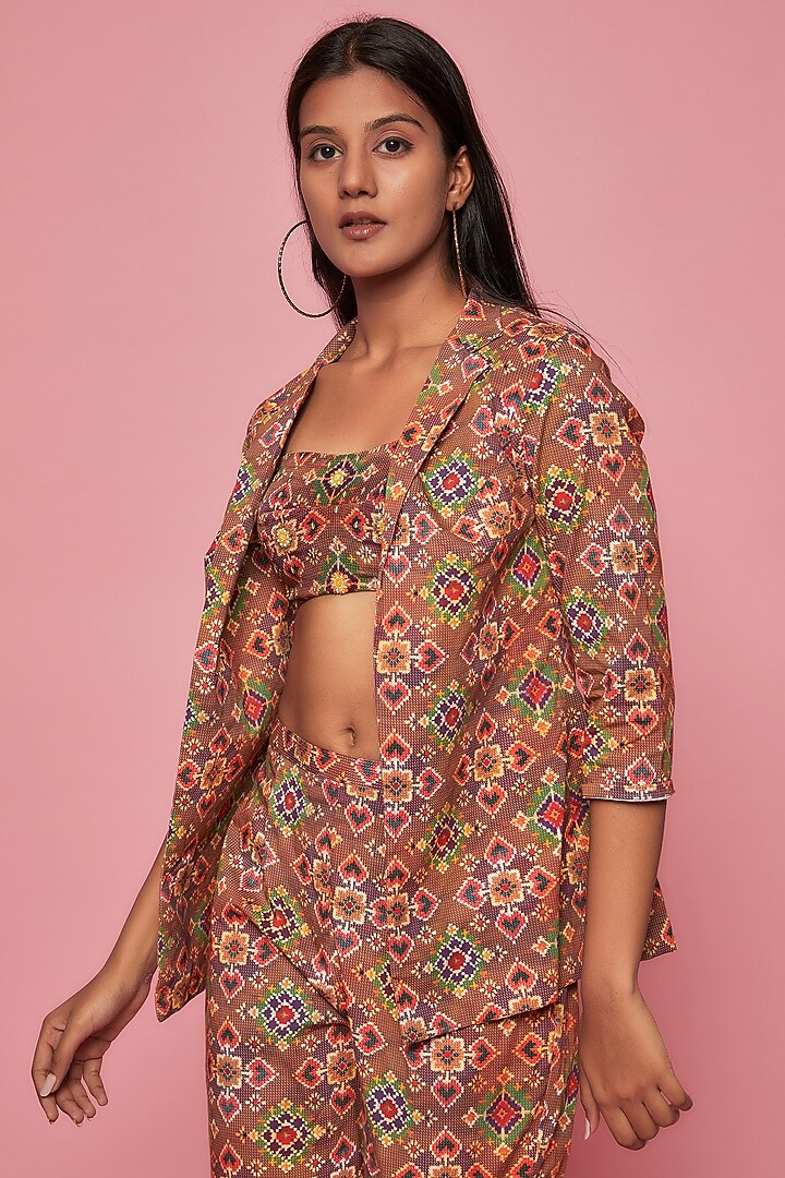 Brown Crepe Embroidered & Printed Jacket Set by Sonam Luthria at Pernia's Pop Up Shop