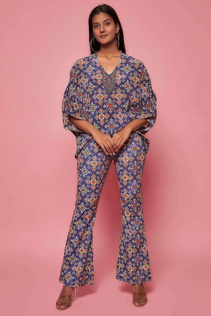 Blue Crepe & Cotton Stretch Printed Co-Ord Set by Sonam Luthria