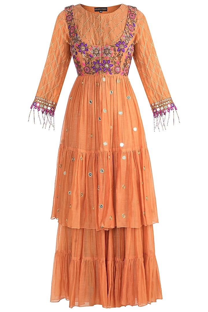 Orange Pinafore Tiered Jacket With Sharara Pants by Sonam Luthria