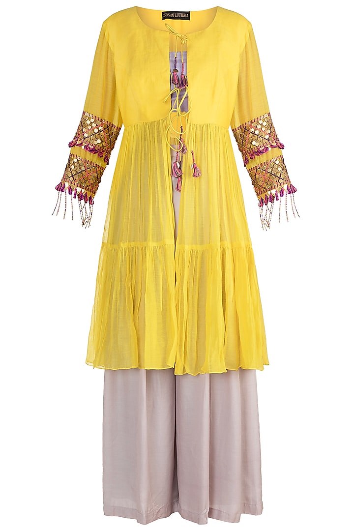 Yellow Embellished Jacket With Bustier & Pants by Sonam Luthria