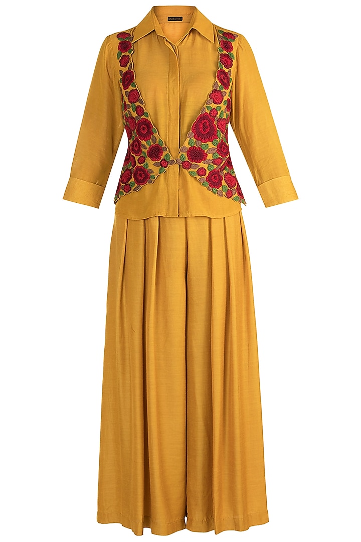 Mustard Yellow Shirt With Waistcoat & Pants by Sonam Luthria