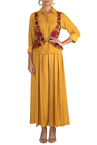 Mustard Yellow Shirt With Waistcoat & Pants by Sonam Luthria