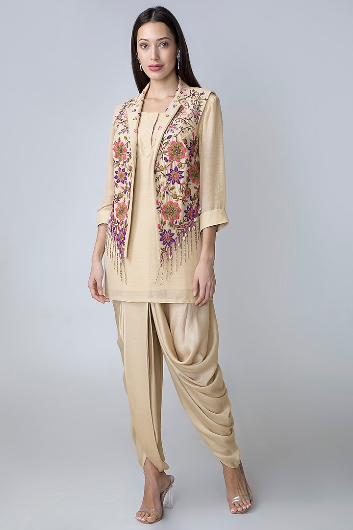 Cream Dhoti Kurta Set With Embroidered Waistcoat by Sonam Luthria