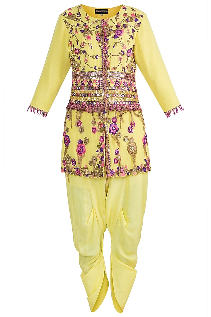 Yellow Embroidered Jacket With Dhoti Pants by Sonam Luthria