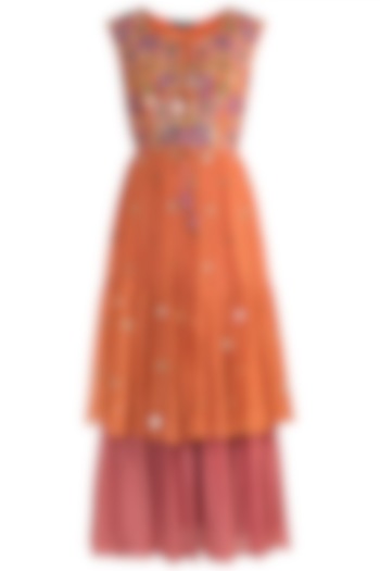 Orange Tiered Jacket With Midi Dress by Sonam Luthria