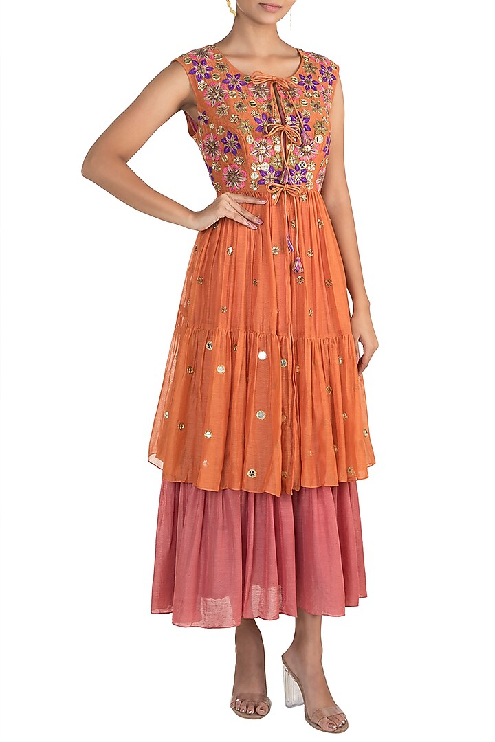 Orange Tiered Jacket With Midi Cocktail Dress by Sonam Luthria at Pernia's Pop Up Shop