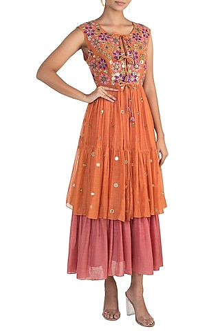 Orange Tiered Jacket With Midi Dress by Sonam Luthria