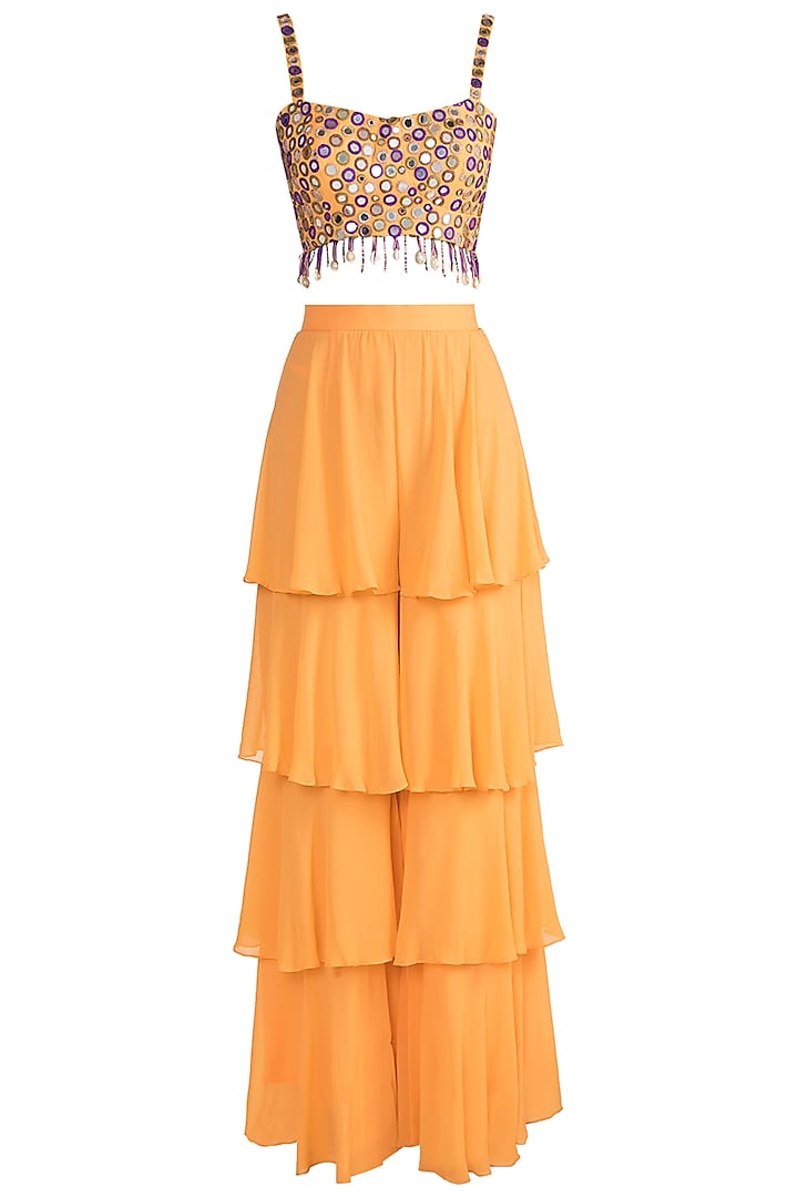 Orange Crop Top With Tiered Pants by Sonam Luthria