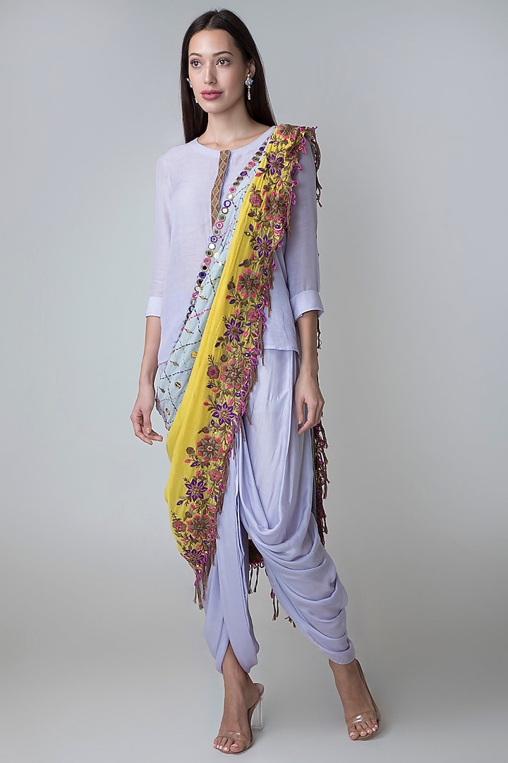 Light Purple Shirt & Dhoti Set With Knotted Dupatta by Sonam Luthria
