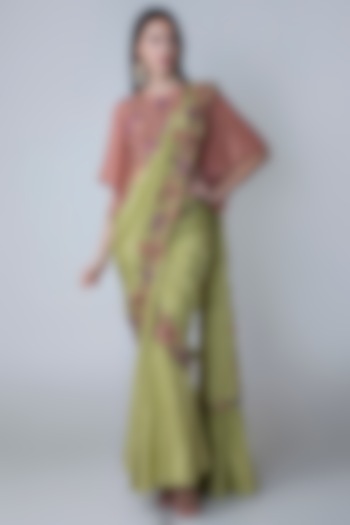Olive Green Embroidered Pre-Stitched Saree Set by Sonam Luthria