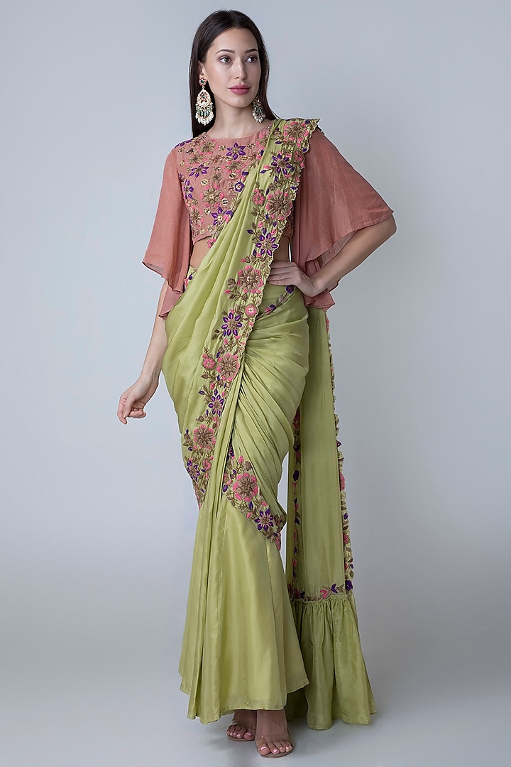 Olive Green Embroidered Pre-Stitched Saree Set by Sonam Luthria