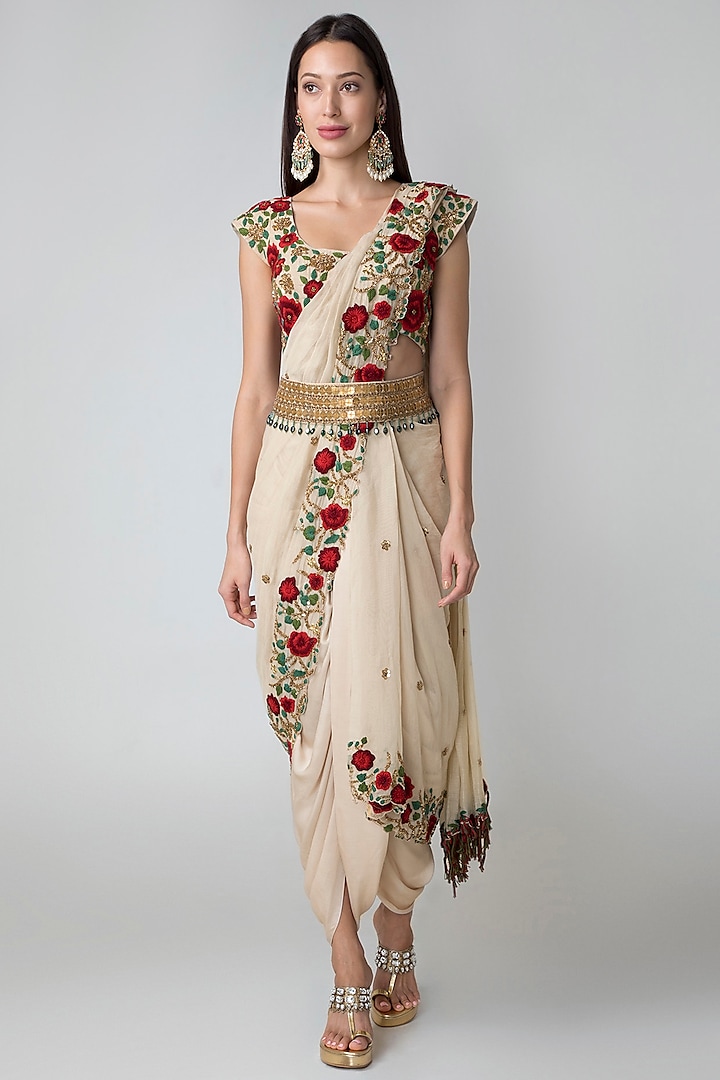 Beige Blouse With Dhoti Pants, Dupatta & Belt by Sonam Luthria