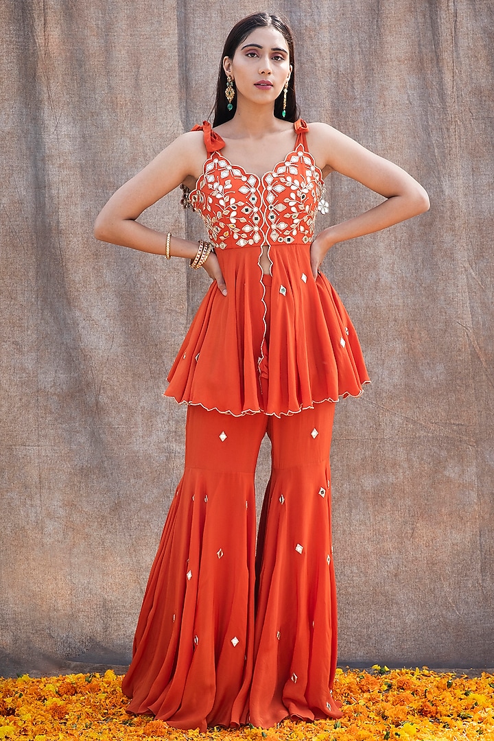 Rust Orange Embroidered Flared Pant Set by Silky Bindra