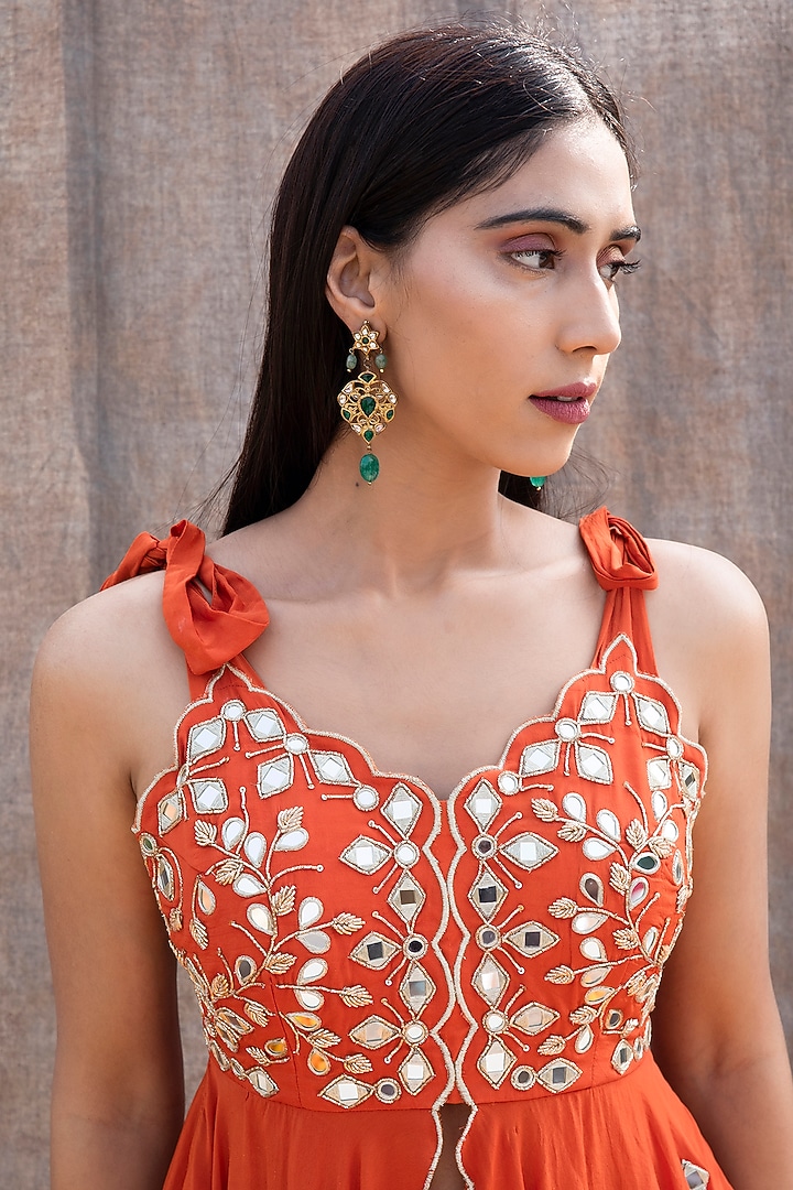 Rust Orange Embroidered Flared Pant Set by Silky Bindra at Pernia's Pop Up Shop