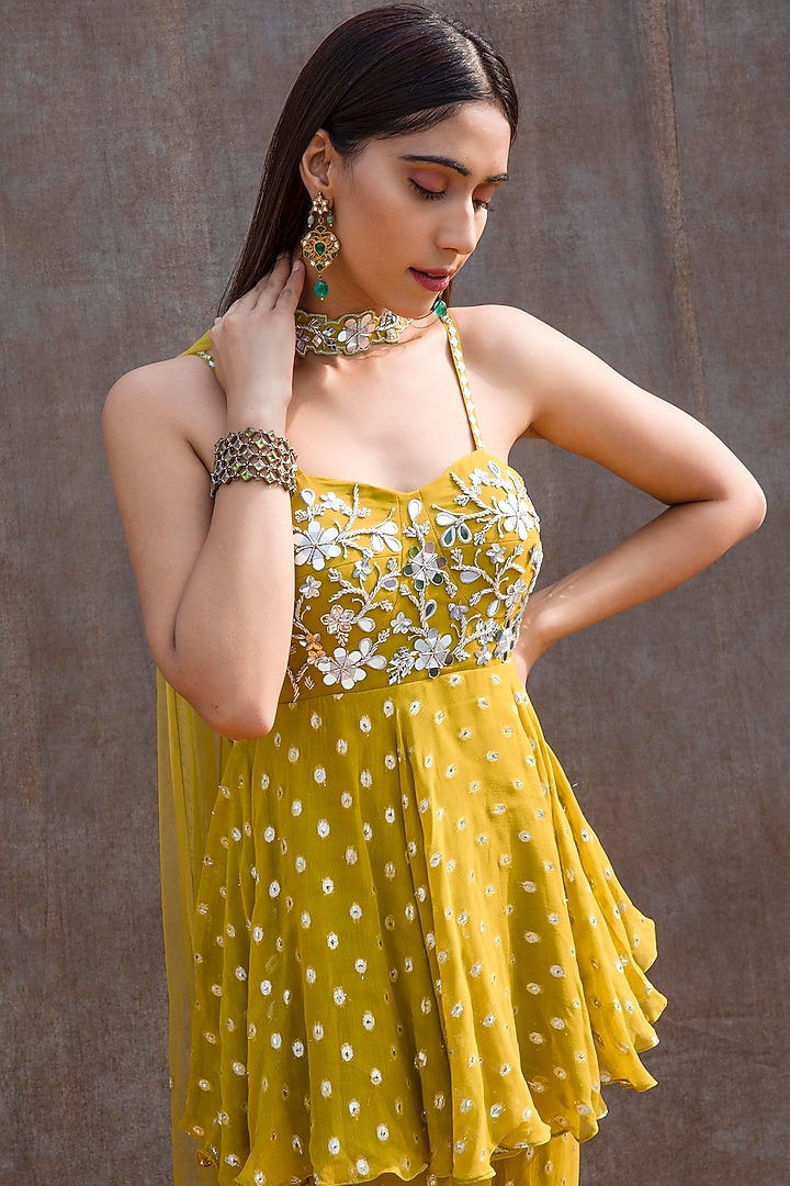 Fluorescent Lime Embroidered Flared Pant Set by Silky Bindra at Pernia's Pop Up Shop