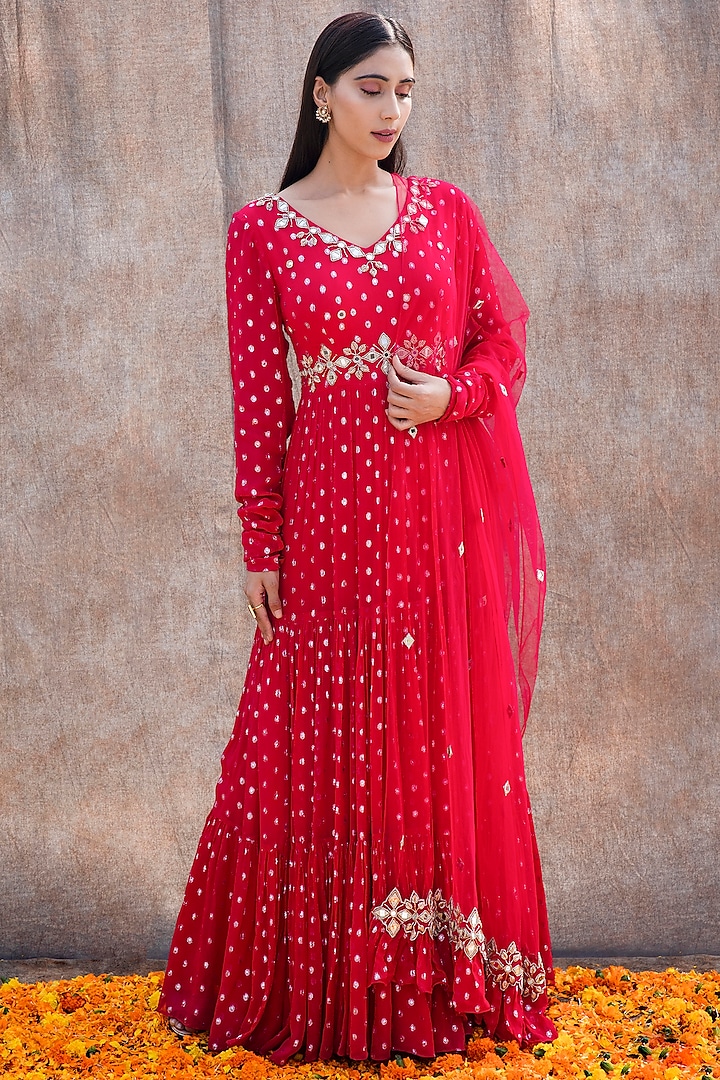 Rani Pink Embroidered Tiered Wedding Anarkali Set by Silky Bindra at Pernia's Pop Up Shop