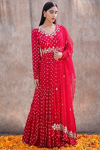 Rani Pink Embroidered Tiered Anarkali Set by Silky Bindra