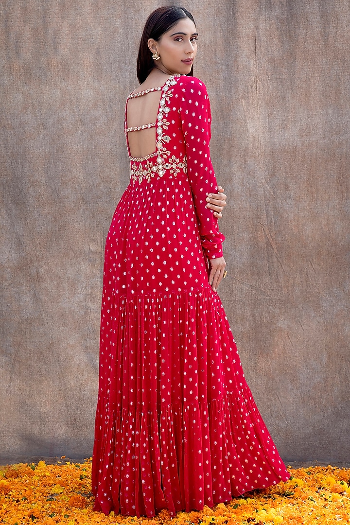 Rani Pink Embroidered Tiered Wedding Anarkali Set by Silky Bindra at Pernia's Pop Up Shop
