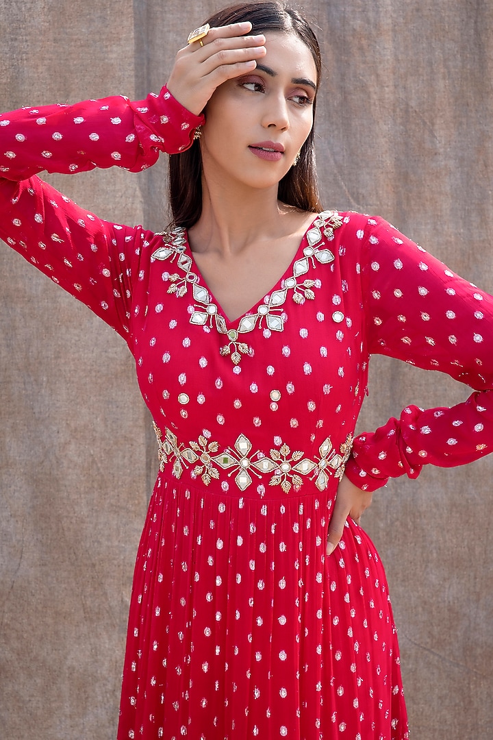 Rani Pink Embroidered Tiered Wedding Anarkali Set by Silky Bindra at Pernia's Pop Up Shop
