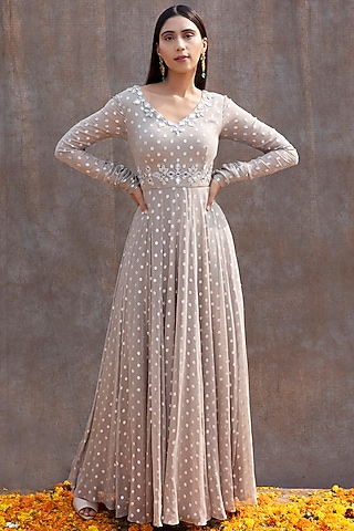 Light Grey Embroidered Panelled Anarkali Set by Silky Bindra