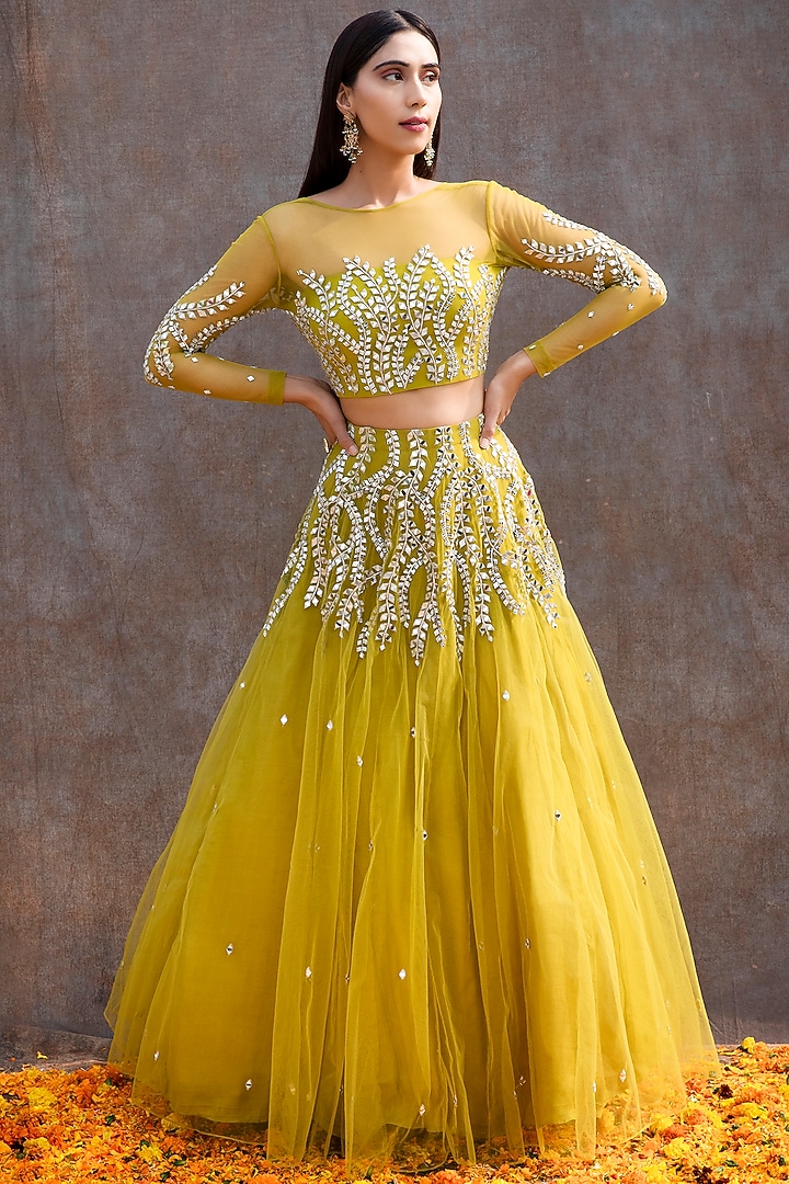 Fluorescent Lime Embroidered Wedding Lehenga Set by Silky Bindra at Pernia's Pop Up Shop
