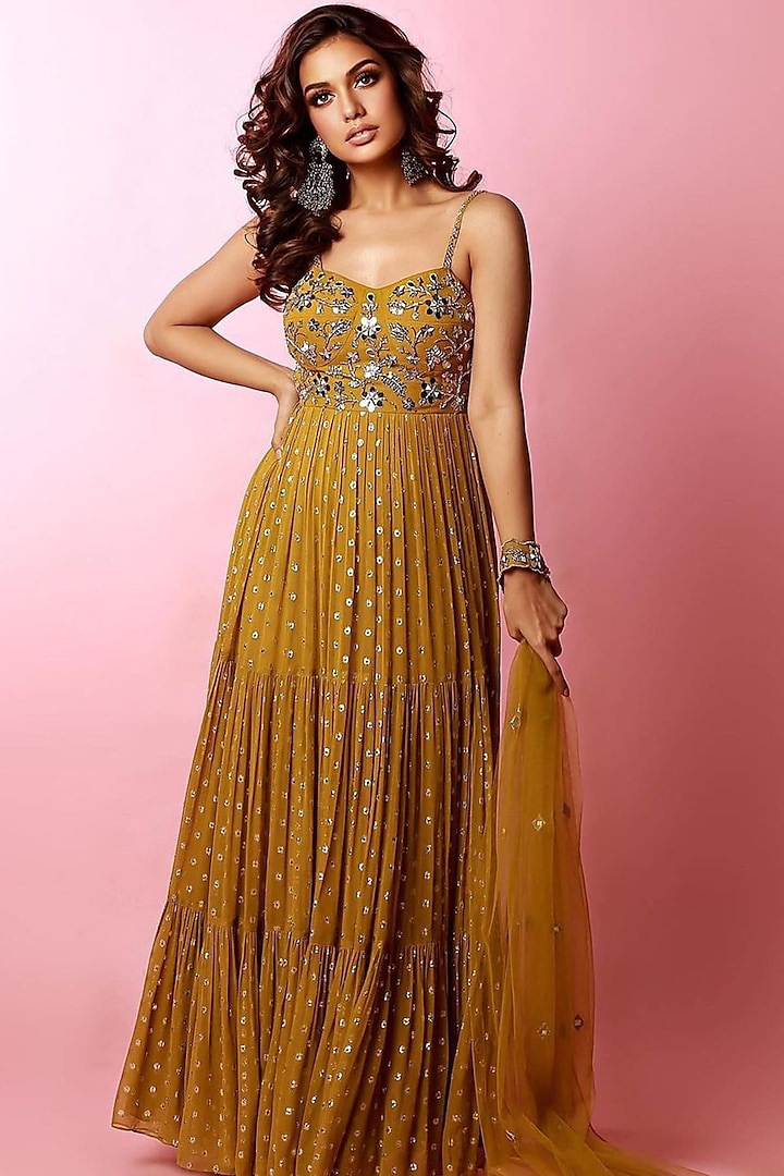 Olive Embroidered Tiered Anarkali Set by Silky Bindra