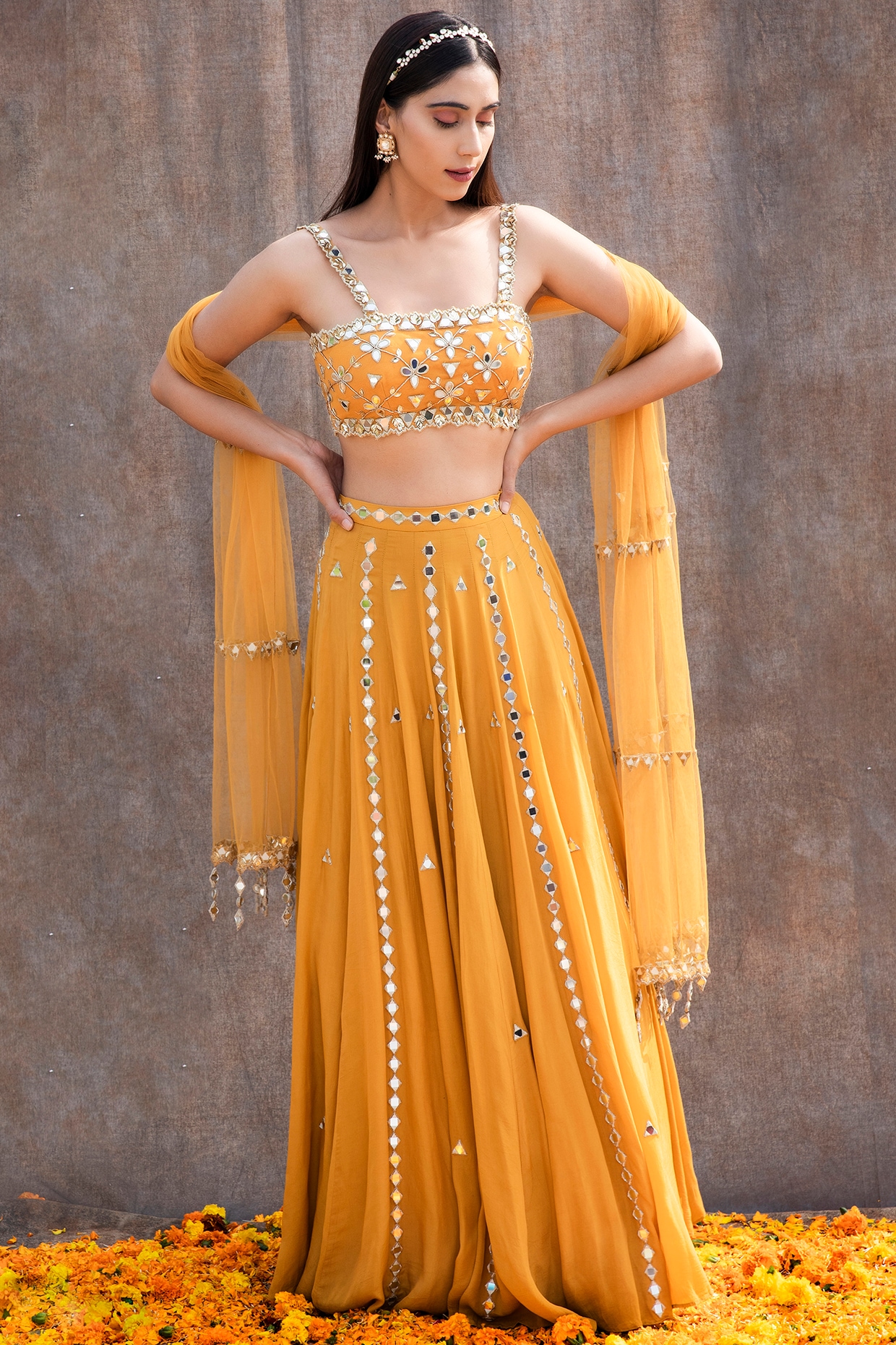 Rust Orange Embroidered High-Waisted Lehenga Set Design by Silky Bindra at  Pernia's Pop Up Shop 2024