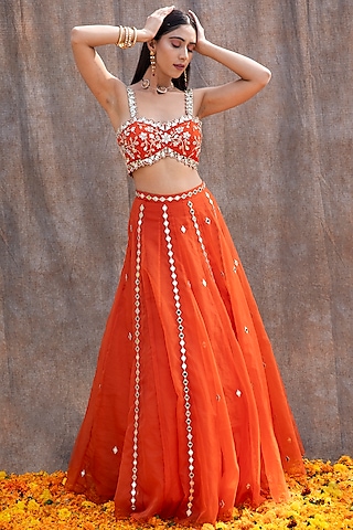 Rust Orange Embroidered High-Waisted Lehenga Set by Silky Bindra
