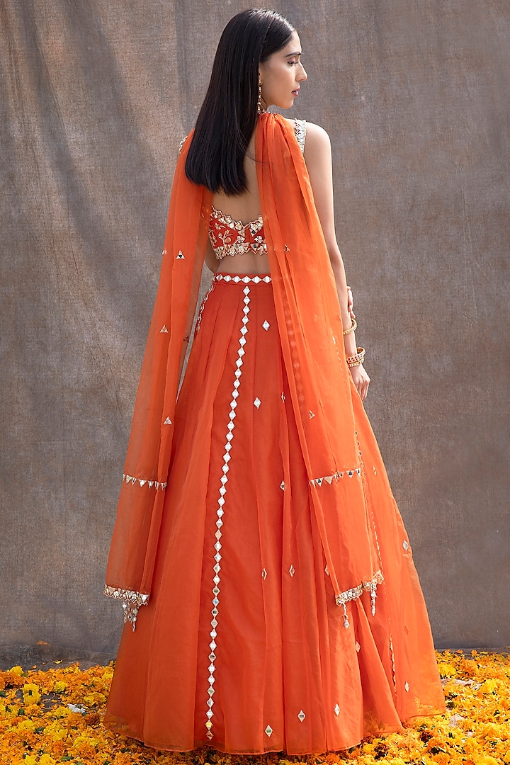 Rust Orange Embroidered High Waisted Lehenga Set Design By Silky Bindra At Pernias Pop Up Shop 2024 