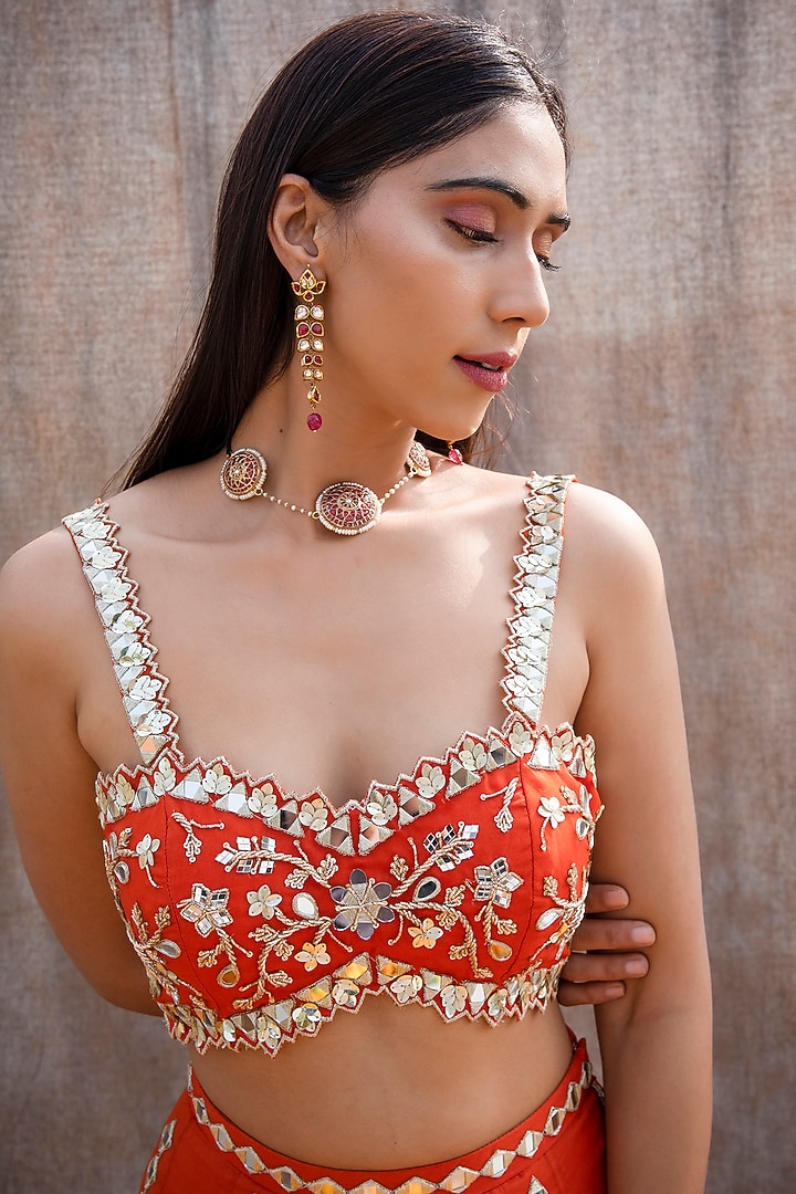 Rust Orange Embroidered High-Waisted Wedding Lehenga Set by Silky Bindra at Pernia's Pop Up Shop