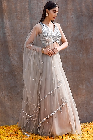 Light Grey Embroidered High-Waisted Lehenga Set by Silky Bindra