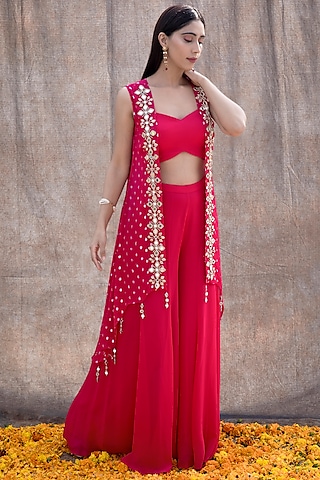 Rani Pink Embroidered Cape Set by Silky Bindra