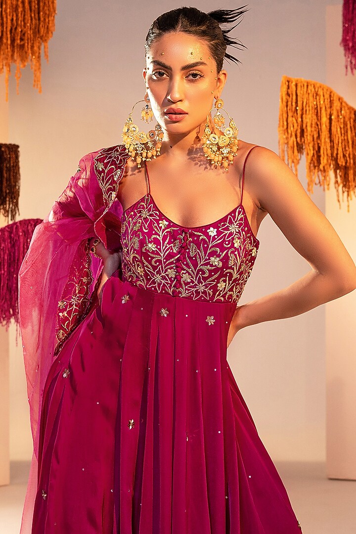 Purple Georgette & Satin Sequins Embroidered Wedding Anarkali Set by Silky Bindra at Pernia's Pop Up Shop