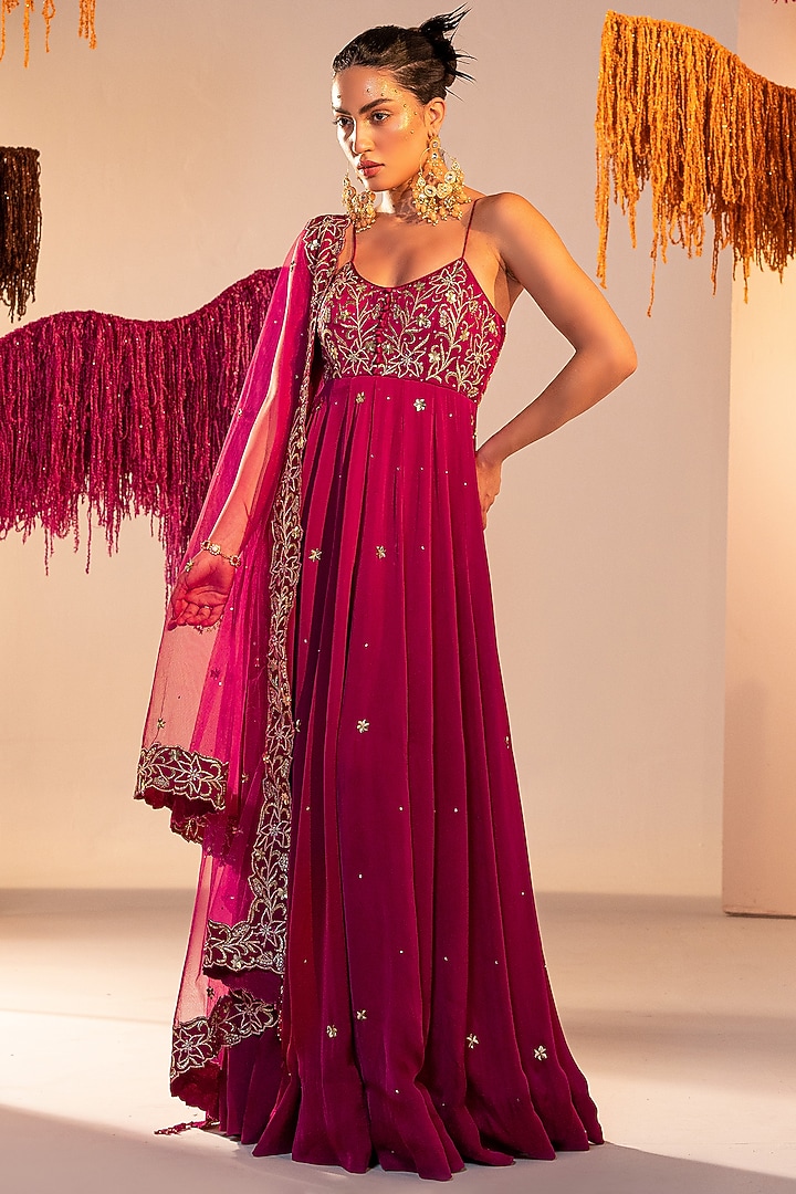 Purple Georgette & Satin Sequins Embroidered Wedding Anarkali Set by Silky Bindra at Pernia's Pop Up Shop